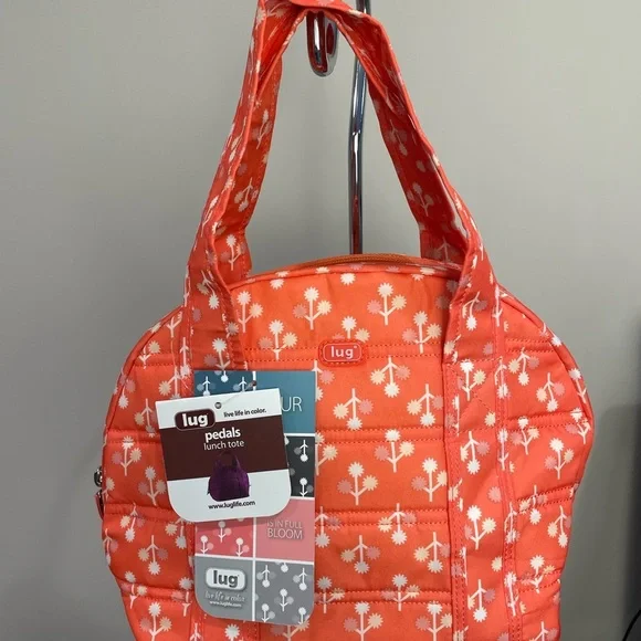 Lug Pedals Lunch Tote - Vibrant peach coral & white, insulated zipper tote OS - Picture 5 of 7